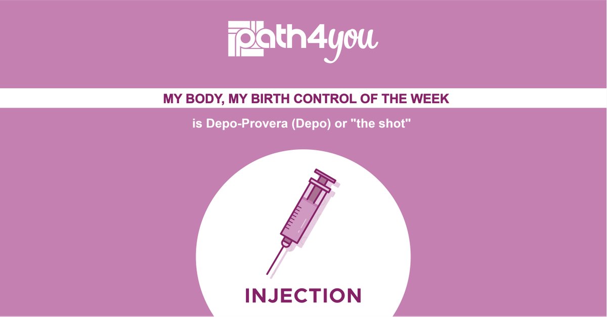 Path4YouIndiana's tweet image. My Body, My Birth Control of the week is Depo-Provera (Depo) or "the shot." 
Depo is used every three months at a clinic or at home.  Depo is over 90% effective.
Find out more about Depo-Provera at path4you.org

#PATH4YOU #patientcentered #comprehensive #samedayaccess