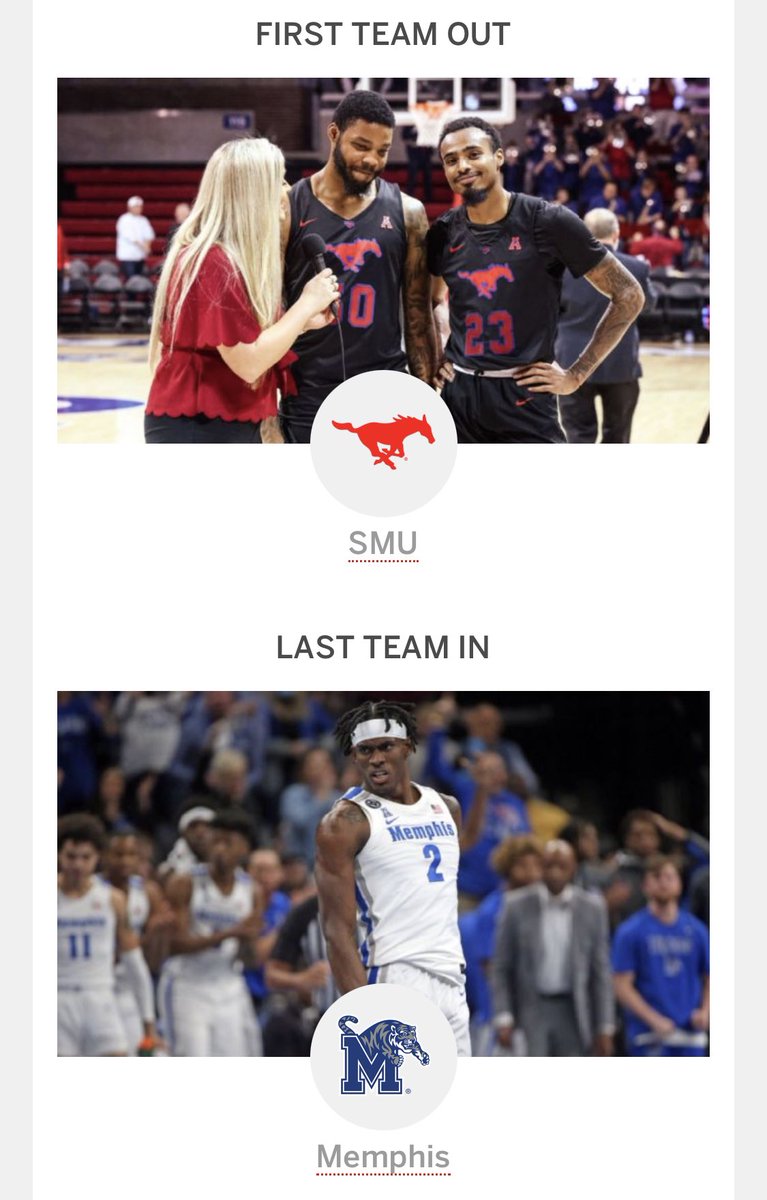 LiRO713's tweet photo. Memphis: 16-9, NET #44, Last Team In
SMU: 20-6, NET #45, First Team Out

SMU 2-0 H2H vs. Memphis, 16 pt home win &amp; 8 pt road win.

Who are you working for @ESPNLunardi ? Please try to provide a legitimate explanation. Coin flip on better resume, so H2H has to be the tiebreak. https://t.co/IW5iynnDV4
