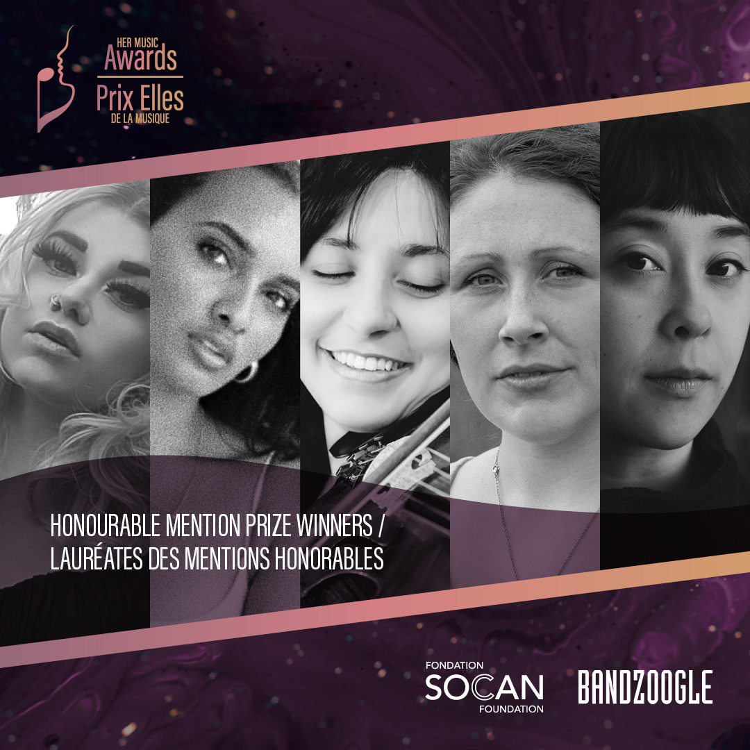 Congrats to @caveboymusic & @nuelacharles on winning @SOCANmusic's Her Music Award grand prize! New this year, five additional honourable mention prizes were awarded to #BelleGrandFille, @lizayohannes, #RobynJacob, #StéphanieHamelinTomala, and @terezmusic! @bandzoogle