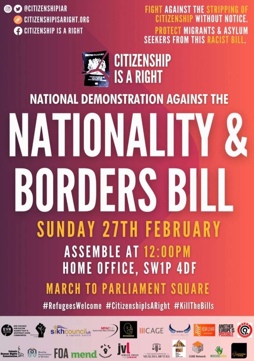 NO HUMAN BEING IS ILLEGAL 

Join the protest this Sunday -
Outside the Home Office at 12 noon
Marching to Parliament Square 

#NationalityandBordersBill 
#CitizenshipIsARight
#StopNABB #BordersBill