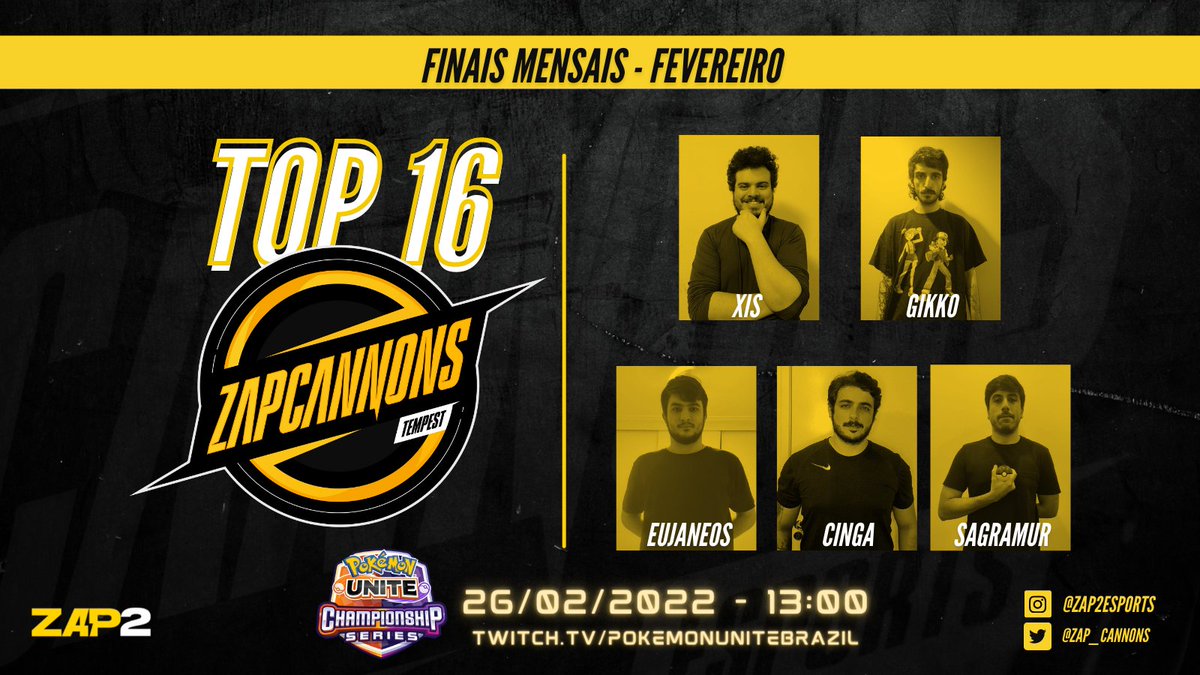 AMANHÃ É DIA DE ZAP TEMPEST!

A ZT disputa as Finais Mensais entre o Top 16 do qualify de Fevereiro para o Mundial de Pokémon Unite!

🗓️26/02
⏰13h
🔗twitch.tv/pokemonunitebr…

#GOZT #WEAREZAP⚡️