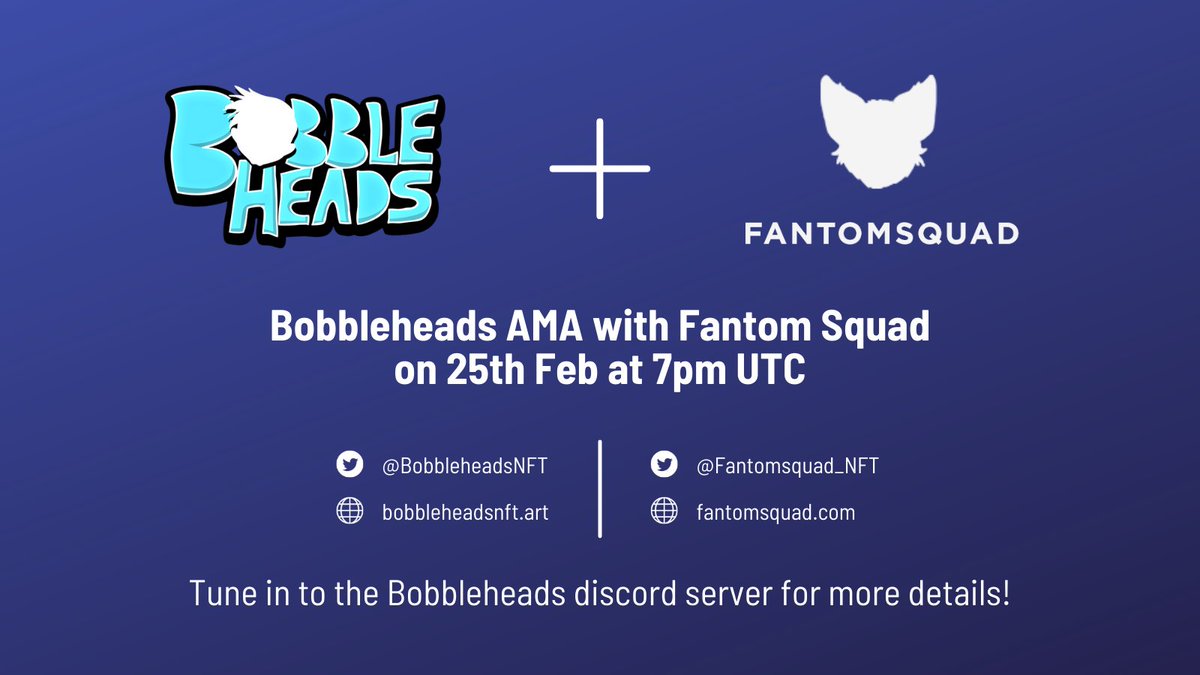 Live now in our Discord with <a href="/BobbleHeadsNFT/">Bobble Heads NFT| Mint Live!</a> 
Come join us maybe win some prizes!

👇👇👇
discord.com/invite/dfsquad 

$FTM #nft #nftgiveaway #nftama