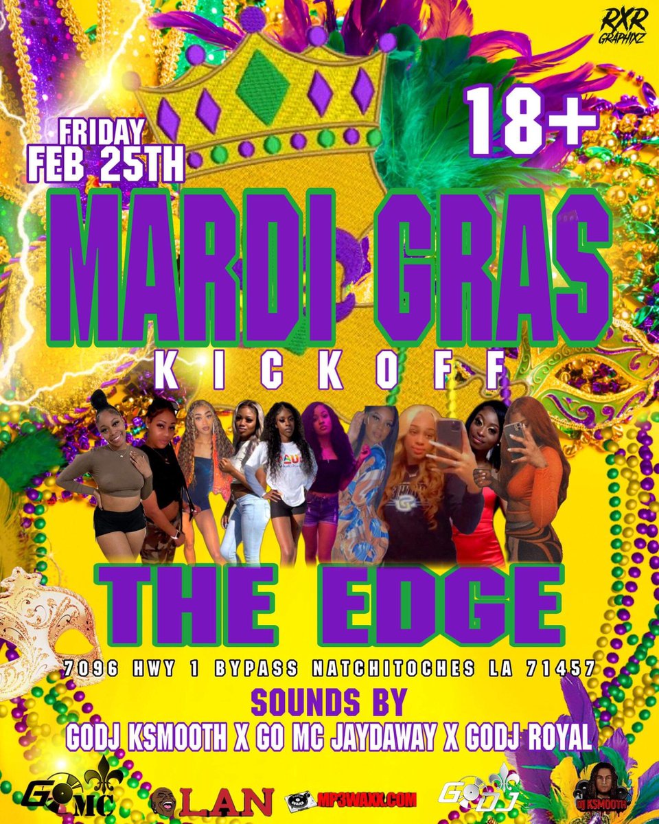 ⚠️Tonight February 25th we got the Official Mardi Gras party Kick Off 🟨🟩🟪
⚠️Doors open @ 10 
⚠️ Ladies $5 Until Early Arrival Suggested
⚠️B.Y.O.C (Bring Your Own Cups) 🥤 #
⚠️Security Enforced Leave Drama @ Home
#Nsula #Nsula22 #Nsula23 #Nsula24 #Nsula25 #Nsula26