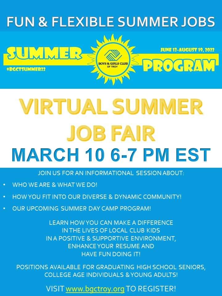 bgct_teens's tweet photo. Looking for a FUN &amp; FLEXIBLE summer job or internship for 2022?
Join us for a virtual job fair on Mar 10 via Zoom! Visit https://t.co/7953vUiFUU to sign up!

#summer #summerjobs #daycamp #summercamp #troymi #internship #bgctroy #bgctsummer22 #GreatFutures https://t.co/5GFmuVSaRI https://t.co/80EboOaJhc