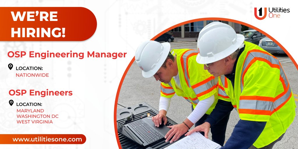UtilitiesInfo's tweet image. Utilities One is looking for qualified specialists to join our ranks in Maryland, Washington DC, and West Virginia:
1. OSP Engineers;
2. OSP Engineering Manager.

Visit lnkd.in/eFSWeq36 and apply today.

#utilitiesone #hiring #joinus #career #opportunity #ospengineering