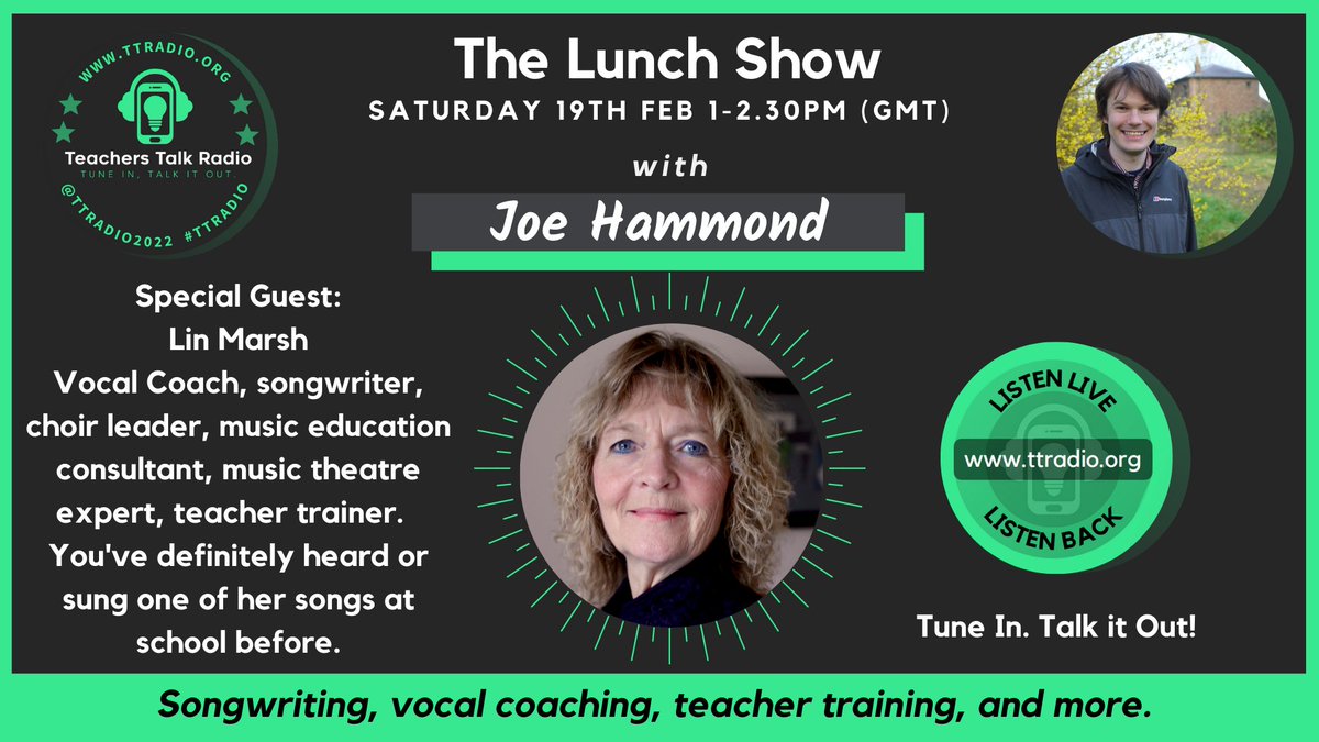 Very excited to have the one and only Lin Marsh (@midyell) on my @TTRadio2022 show tomorrow. For those who don't know, Lin is one of the most prominent songwriters for children & young people in the world #edutwitter