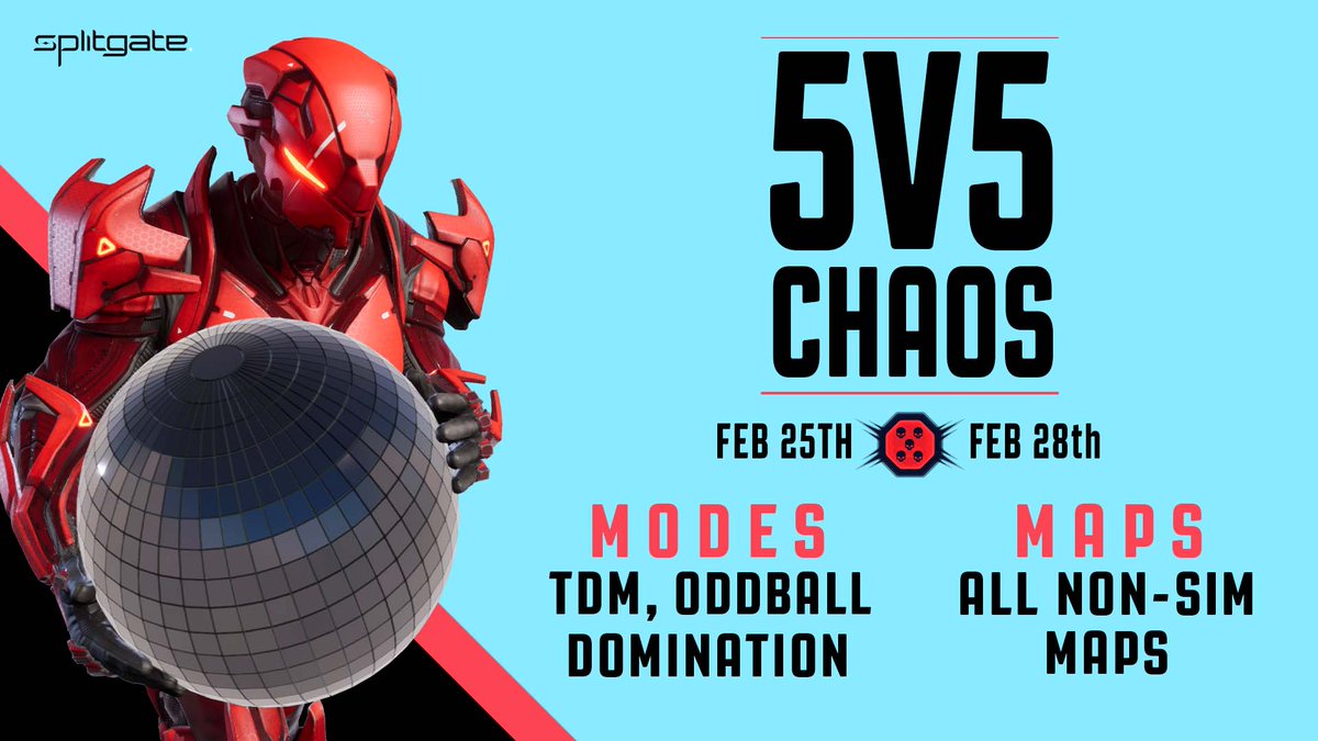 Splitgate's tweet image. Play the 5v5 CHAOS in the limited-time mode, live now for the next 3 days!

Join the mayhem in a team of 5 for TDM, Oddball, and Domination on all the non-sim maps.
