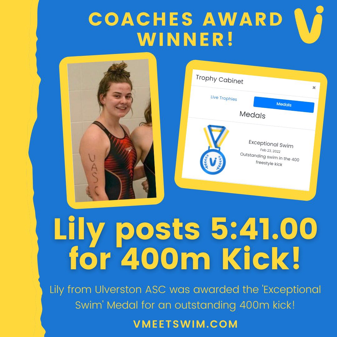 Congratulations to Lily for being awarded the ‘Outstanding Swim’ medal for an exceptional 400m kick!🏆

Coaches can acknowledge great achievements or a great efforts of swimmers by going to the ‘My Team’ page and choosing ‘Award Medals’. 

Check it out at vmeetswim.com