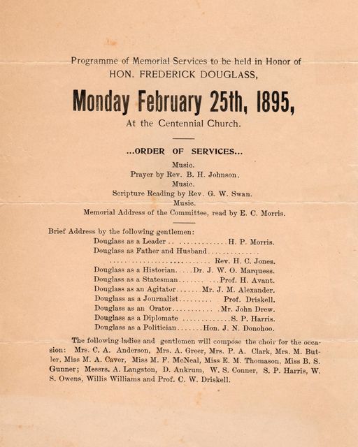 #flashbackfriday This is a program for #Centennial #Baptist Church's #memorial service honoring American Abolitionist Frederick Douglass, who passed away five days prior. #history #localhistory #arkansas #blackhistory #blackhistorymonth #FrederickDouglass #OnThisDay