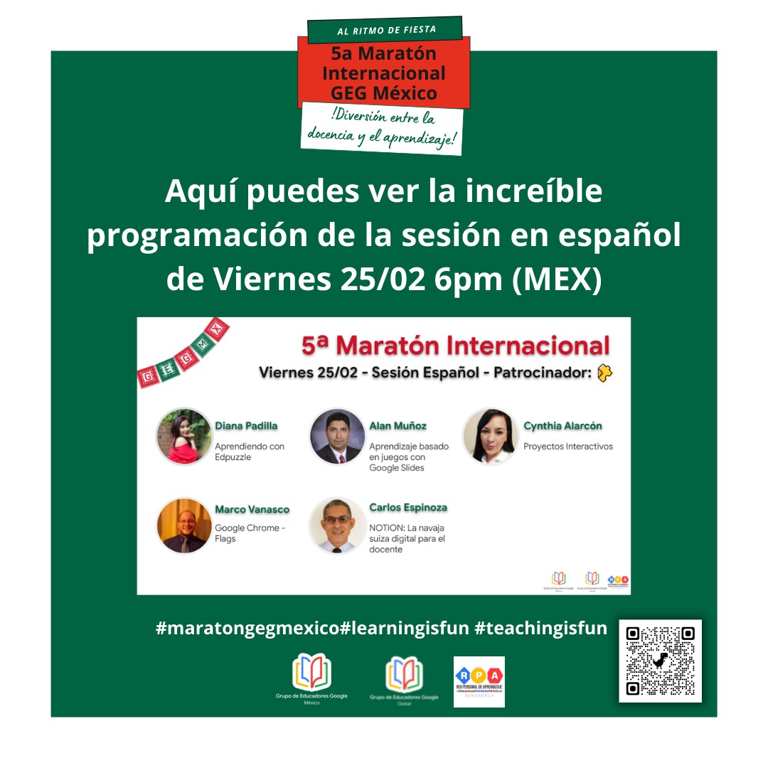 Nos vemos hoy a las 5 en el 5to día del 5to maratón internacional de @MxGeg Acompaña a nuestros expertos en tecnología educativa y mejorar tus habilidades digitales. Habrá muchas sorpresas y regalos en este magno evento. sites.google.com/view/5amaraton…