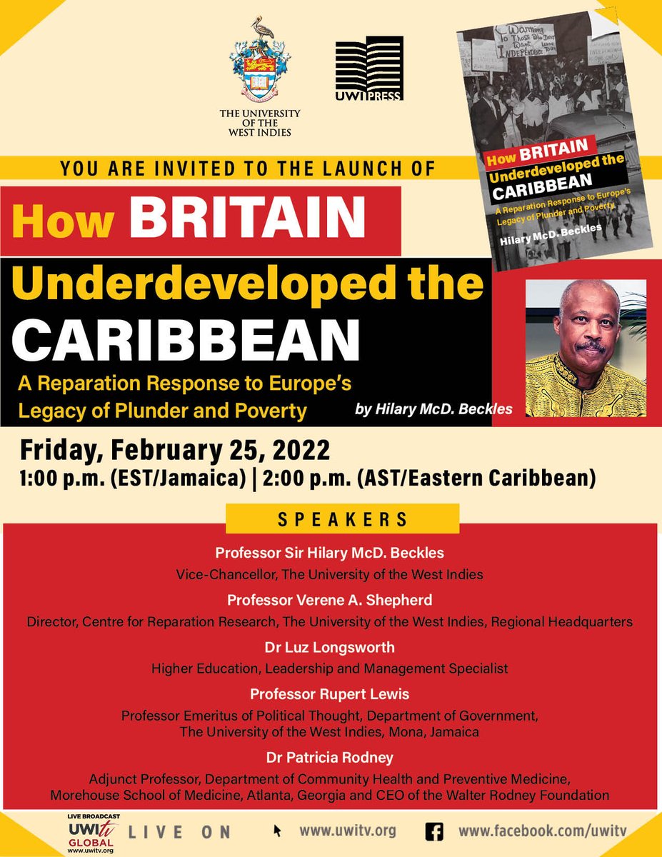 If you are missing this book launch catch it online at UWI TV from the start. This is vital knowledge for every Caribbean person. 👏🏾 #reparationnow #reparation #neweconomicorder #postcolonial #economichistory #reparatoryjustice #crime #WalterRodney #HilaryBeckles ⁦@UWImona⁩