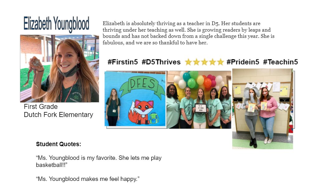 forum_d5's tweet photo. D5 Teacher Forum is excited to celebrate another First in Five Friday! Elizabeth Youngblood is doing great things at Dutch Fork Elementary. It is clear that she makes her students feel loved on a daily basis. #Firstin5 #Pridein5 #d5thrives #Teachin5 https://t.co/ccxSjPEMVF