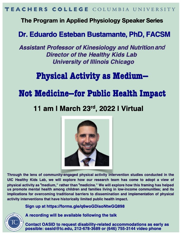 Join us for a great talk by Dr. Eduardo Bustamante <a href="/EXerTClinicTC/">EXerT Clinic at TC</a> @cegarber <a href="/TeachersCollege/">Teachers College, Columbia University</a> <a href="/BiobehavioralTC/">Biobehavioral-TC</a> #PhysicalActivity #publichealth