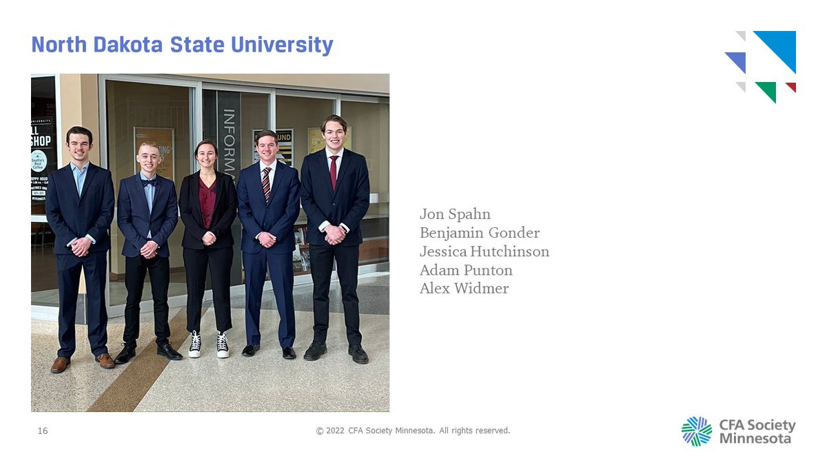 CFAMN's tweet photo. Thank you for your excellent presentation yesterday, Team North Dakota State University. We wish you the best of luck in the future! #ResearchChallenge #CFAMN
Pictured (L to R):
Jon Spahn, Benjamin Gonder, Jessica Hutchinson, Adam Punton, Alex Widmer https://t.co/MviKYEAatw