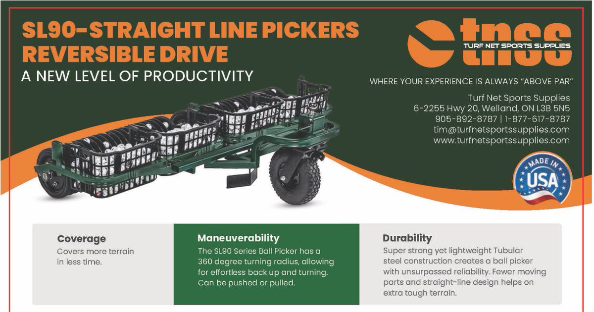 turfnetss's tweet image. Spring is just around the corner.
Is your driving range ready? The SL90 Series Straightline Pickers will have the driving range clear of balls in no time... check the comments for a link to more info zcu.io/EJ9Z 

#drivingrange #drivingrangesupplies #ballpickers