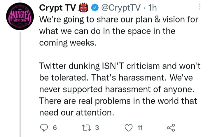 InkHyaena's tweet image. I've never seen anything so delusional before. Genuine disappointment and suggestions for other sources is NOT "Twitter dunking" or harassment. CryptTV is doubling down hard and kicking anyone from their server who disagrees with this. Cult mindset #CryptTV #FuckNFTs