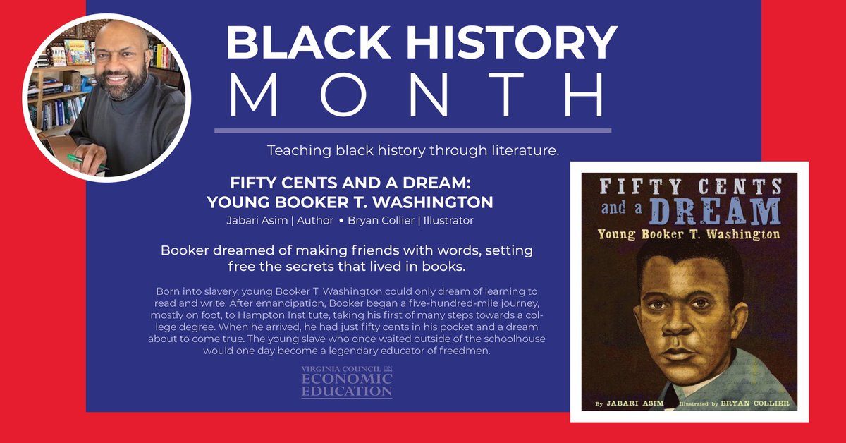 📖 FIFTY CENTS AND A DREAM: YOUNG BOOKER T. WASHINGTON by @jabariasim 

Booker dreamed of making friends with words, setting free the secrets that lived in books.
LEARN MORE about Reading Makes Cents: vcee.org/elementary-sch…

#blackhistorymonth #blackauthors #nonprofit #educate