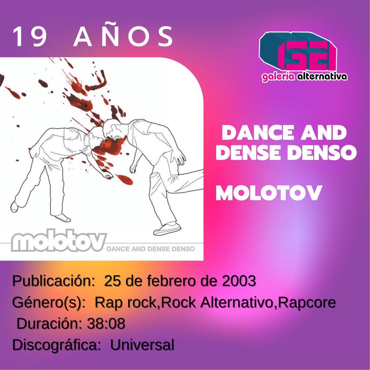 Hoy se cumplen 19 años del “Dance And Dense Denso” de @MolotovBand

Dance and Dense Denso es el tercer álbum de estudio de la banda Molotov, estrenado en 2003.​ Por tercera ocasión, los productores Gustavo Santaolalla y Aníbal Kerpel participaron en la producción.