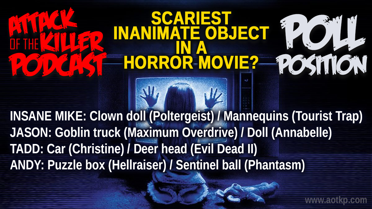 AotKP's tweet photo. The gang was asked in EP 255 "What is the scariest inanimate object in a horror film?" and these are their answers. Please vote for who you think got it right!! #AotKPPollPosition #inanimateobject (see poll above to vote) https://t.co/10Xt1tz1zK