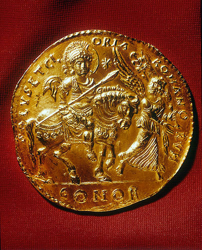 Justinian I, Byzantine Emperor from 483 to 565 AD, gold coin, Archaeological Museum, Istanbul, Turkey.