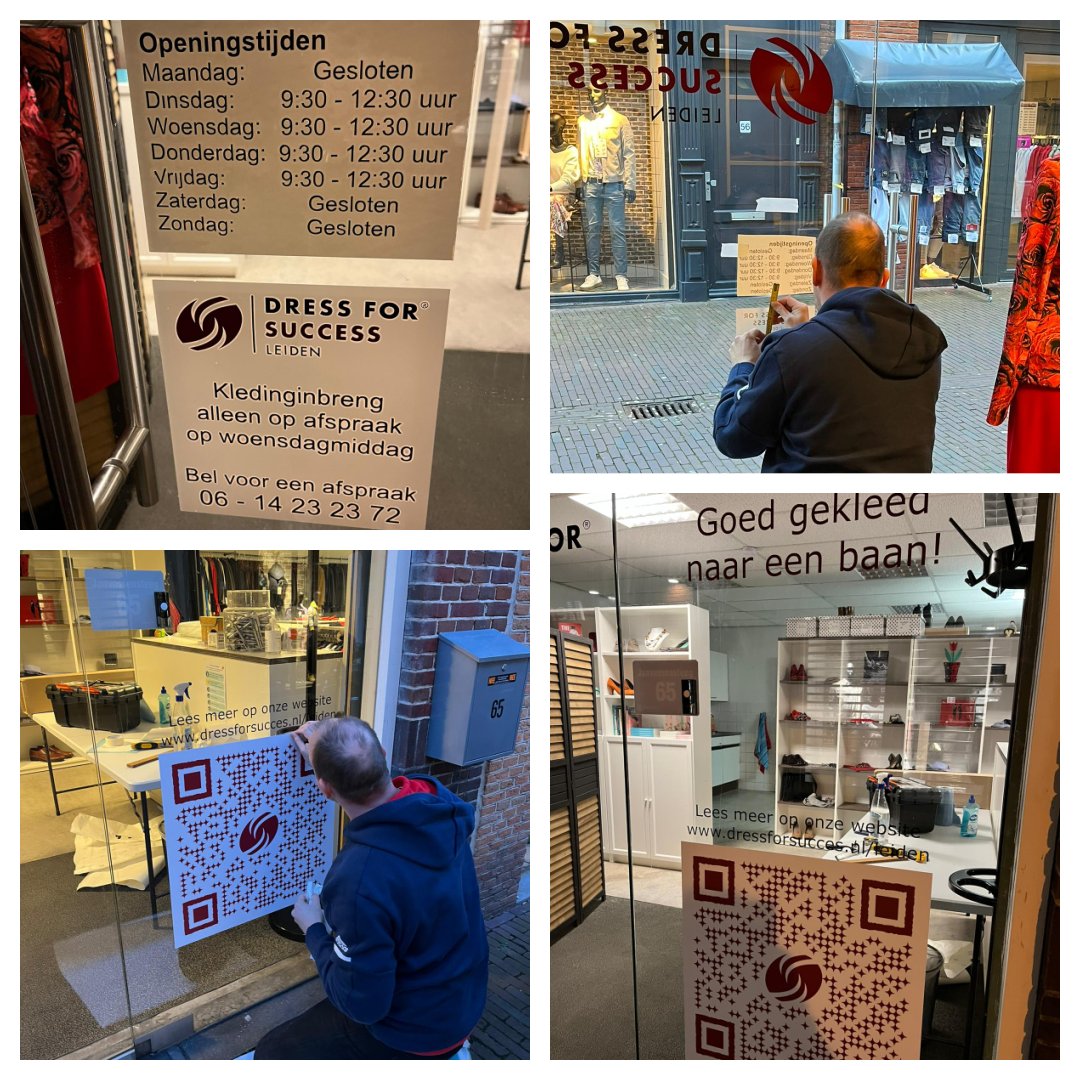 STICKERS
Wij zijn blij met de nieuwe stickers op de ramen van onze Dress for Success Leiden winkel:  de openingstijden en een QR-code naar onze website.  
Super bedankt Remco van RvD Reclame (rvd-reclame.NL) voor het professioneel bevestigen van alle stickers