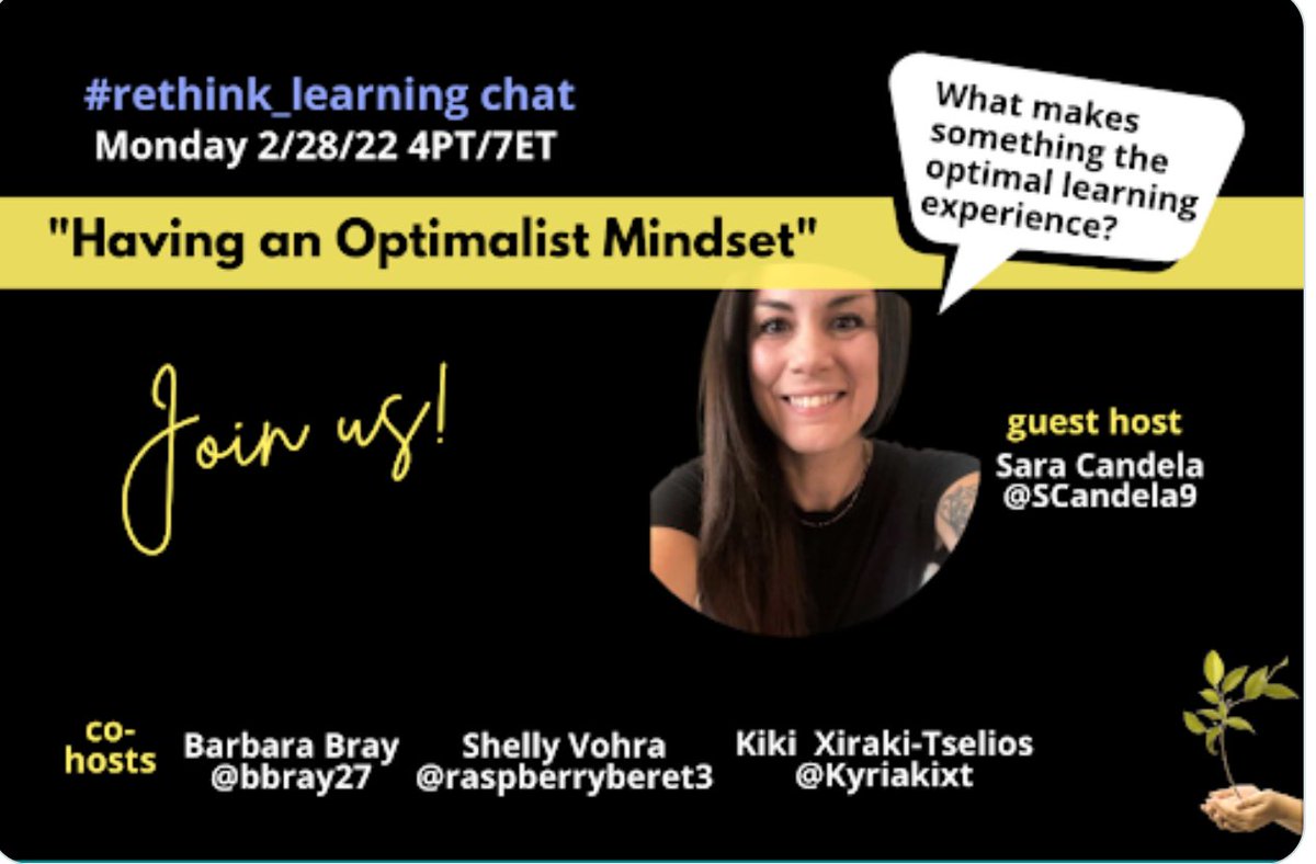 Please join us on Monday at 7pm EST for #rethink_learning chat with hosts <a href="/bbray27/">Barbara Bray✨Empowerment Coach❤️ Grow Your Why🌱</a>, <a href="/kyriakixt/">Kiki Xiraki</a> and myself with guest host <a href="/Scandela9/">Sara Candela | scandela9.bsky.social</a>. We are talking about Having an Optimalist Mindset". <a href="/WhitneyMarie_F/">Whitney Fleras</a> @GregSederberg @StaffPodcast <a href="/ShiftParadigm/">Mark E. Weston Ph.D.</a> <a href="/stephenkelley85/">Steve Kelley Serendipity 2023 #Bettertogether</a> <a href="/socialstudiestx/">SocialStudiesTx</a>