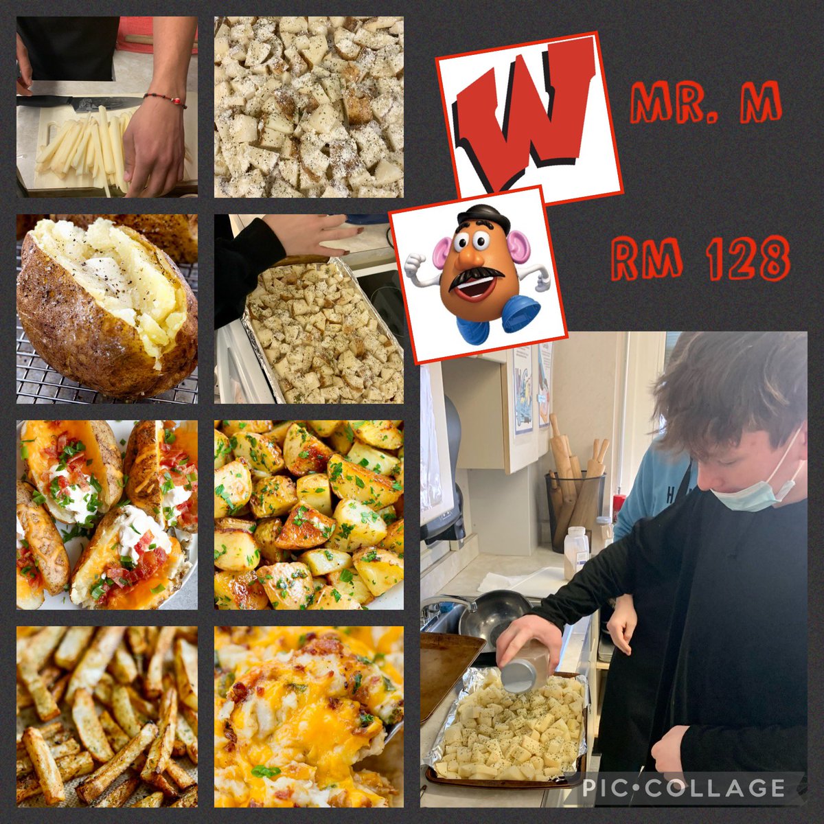 WHSMolina's tweet photo. What happens when you order a 50ct potato and get 50lbs instead 🥔🤪. You make potatoes every way possible, students in Foods 2 did a great job this week utilizing different recipes with potatoes. 👏🏼 #WeAreBarrons #loadedmash #loadedbaked #fresh cut fries #roasted 🥔 #homefries https://t.co/PhlqhNB0TO