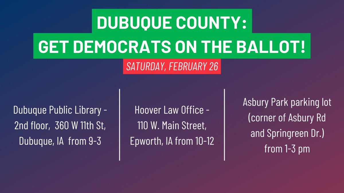Dubuque County Democrats - thanks for your support! Stop by on Saturday and sign petitions to get Democrats on the ballot. Thanks!