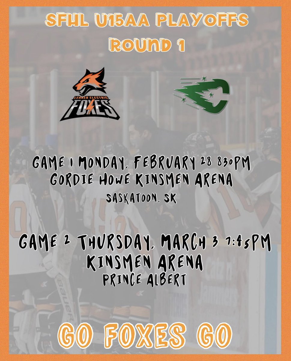 🚨Playoff Update🚨
Our first round playoff dates are set for our best of 3 series against the Saskatoon Comet Impact! Game 3 will be back in Saskatoon the following Saturday, if necessary. Enjoy your weekend Foxes fans, see ya Monday! 🦊