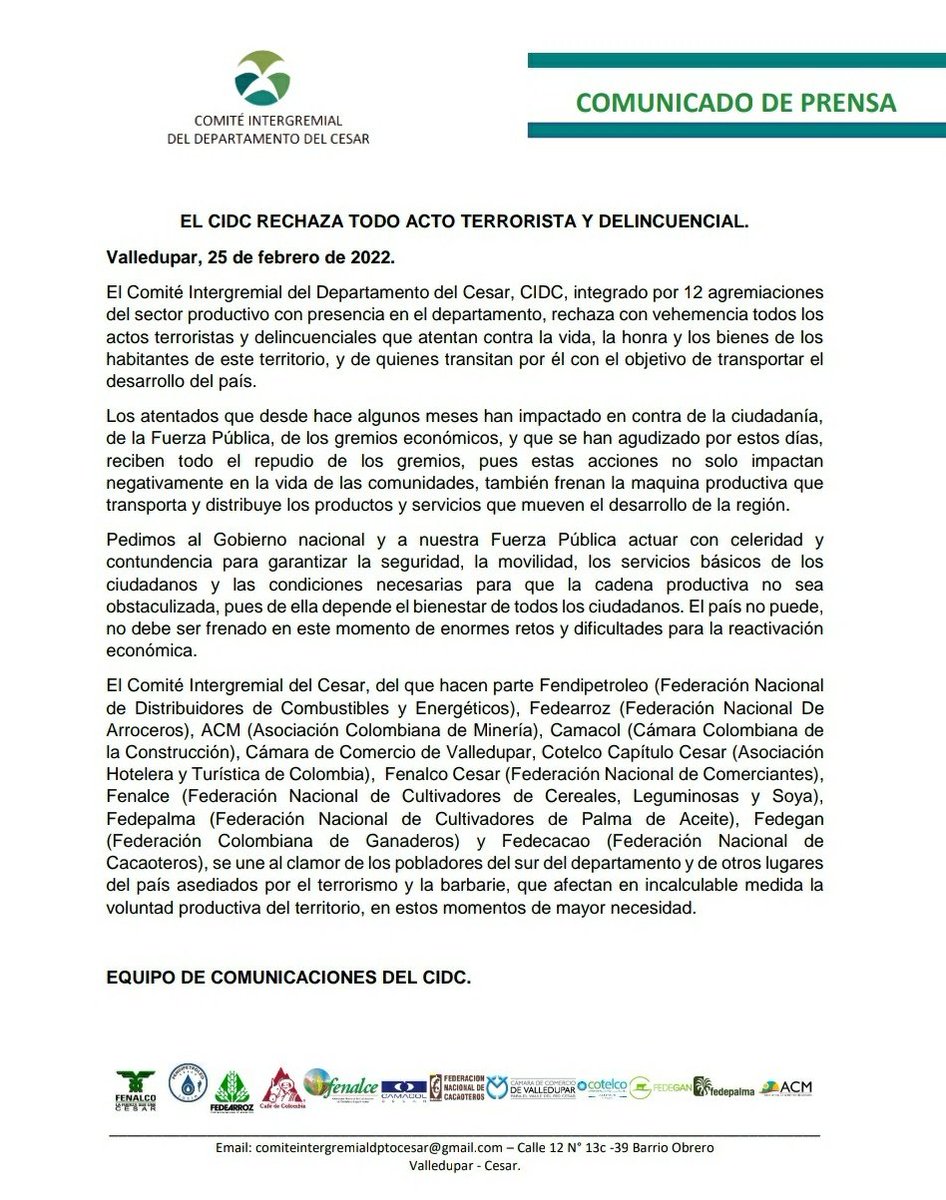 Co_Inter_Cesar's tweet photo. El Comité Intergremial del Cesar, integrado por 12 agremiaciones del sector productivo con presencia en el departamento, rechaza con vehemencia todos los actos terroristas y delincuenciales que atentan contra la vida, la honra y los bienes de los habitantes de este territorio. https://t.co/d5d22MoSQd