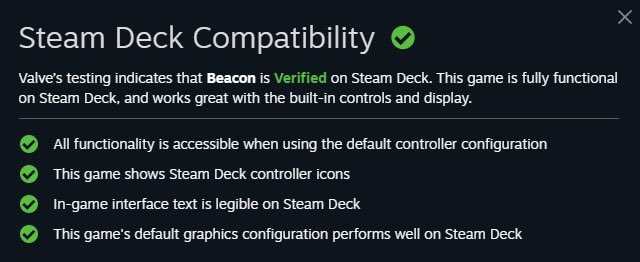 MONOTHETIC's tweet photo. Steam Deck launched today and what a nice surprise it is to learn that Beacon is a Verified title! #SteamDeck #Steam #gaming https://t.co/uR17FS0DXx