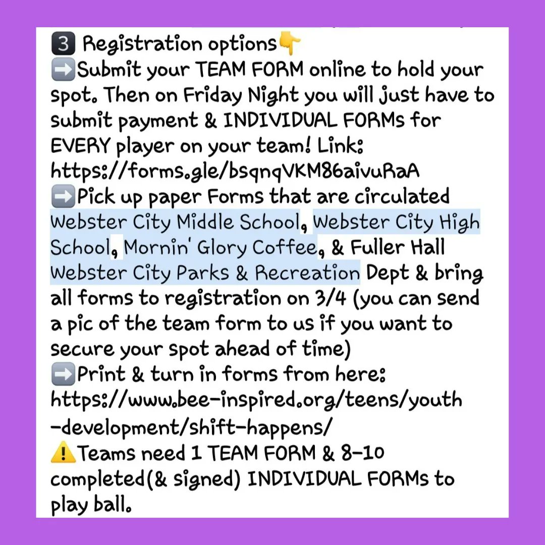 SHIFTHappensWC's tweet photo. ➡️Submit TEAM FORM online NOW to hold your spot &amp; bring payment w/ INDIVIDUAL FORMs for EVERY player on your team on 3/4! 
{2/2} https://t.co/P4IPtWMEs8