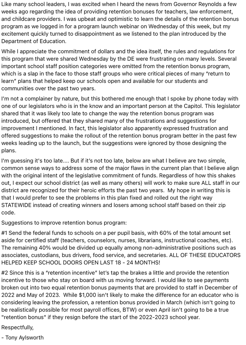 Here is my 2 cents on the Iowa Teacher "retention bonus" program that was introduced on Wednesday. It had great potential, but the rule and regulations left a lot to be desired...