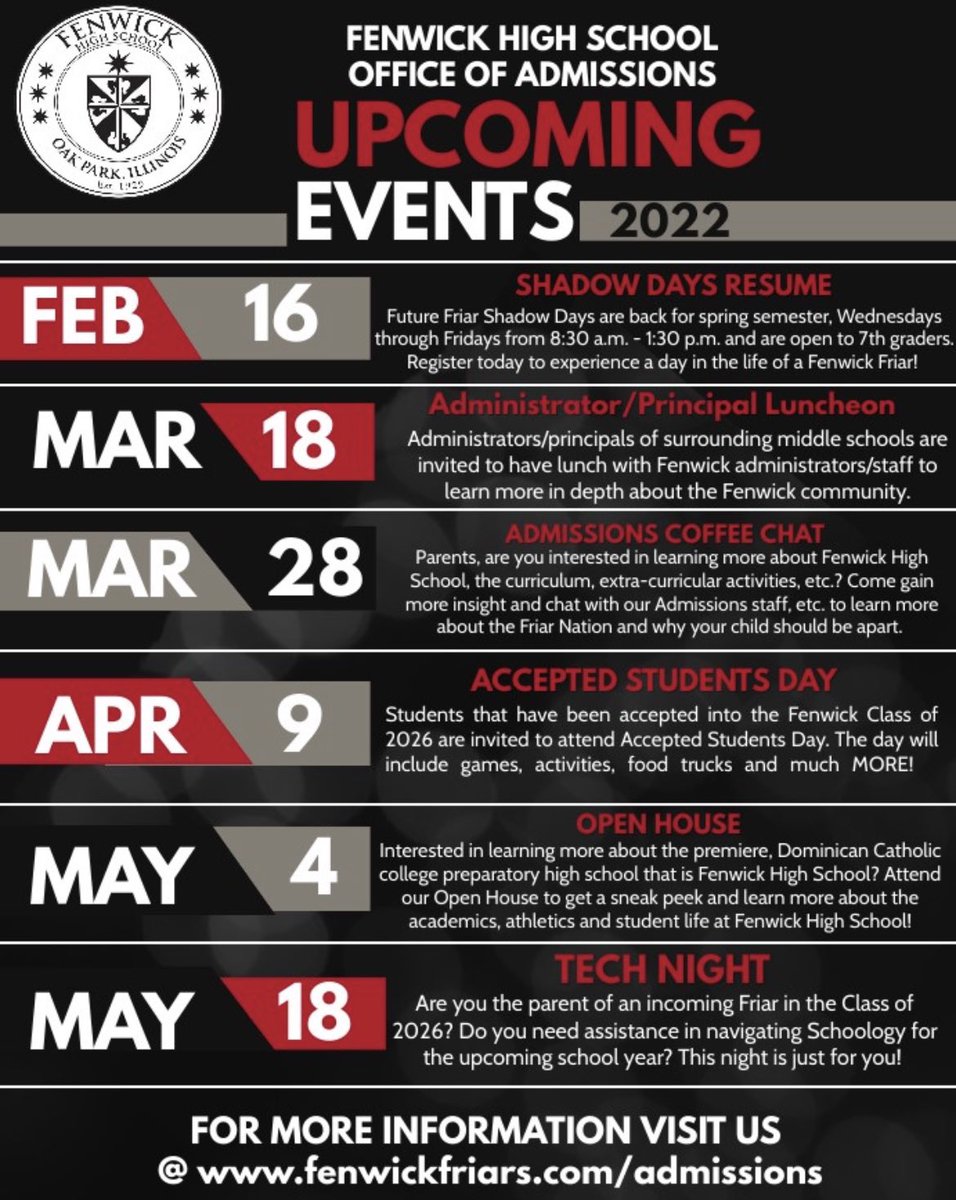 Fenwick Broadcasting Club (@fenwickmedia) on Twitter photo Upcoming 2022 Events from Office of Admissions! <a href="/fenwickfriars/">Fenwick High School</a> <a href="/fenwickadmit/">Fenwick High School Office of Admissions</a> Upcoming 2022 Events from Office of Admissions! <a href="/fenwickfriars/">Fenwick High School</a> <a href="/fenwickadmit/">Fenwick High School Office of Admissions</a>