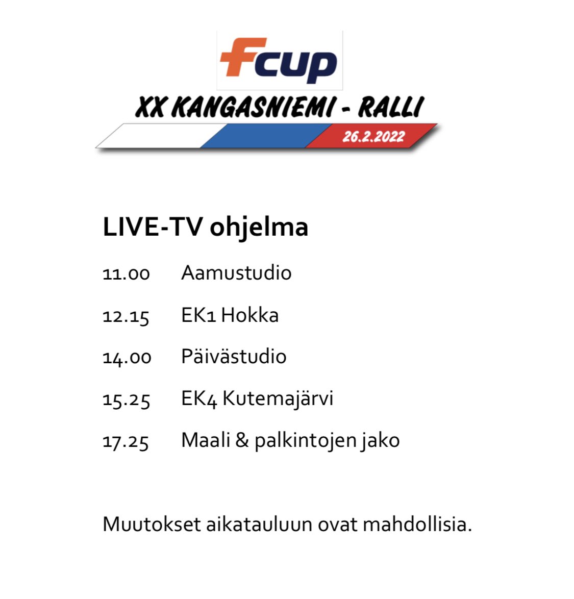 kgnralli's tweet photo. XX Kangasniemi-rallia voit seurata myös livelähetysten kautta rallin Facebook-sivuilta https://t.co/EAb0tJMG1D. Lähetykset alkavat studio-osuudella klo 11. Tervetuloa mukaan rallin tunnelmaan! https://t.co/mLsbFDSK8c