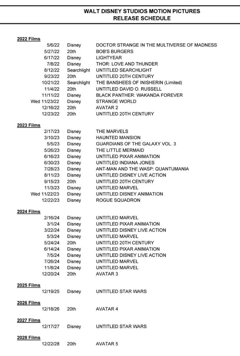 VHSDVDBLURAY4K's tweet photo. Disney’s updated theatrical slate through 2028 https://t.co/ijirAVJjaE