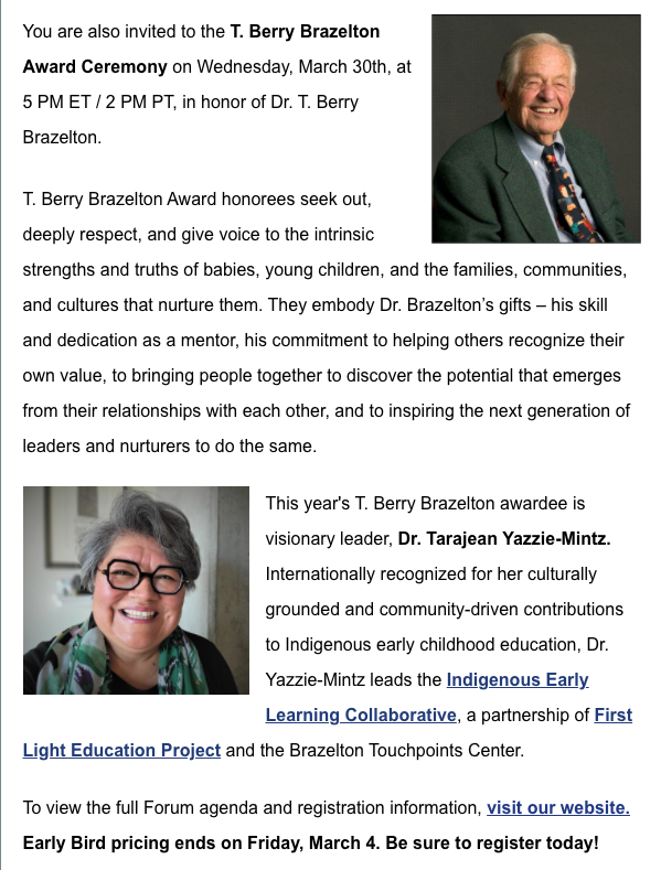 FiLiEdProj's tweet image. CONGRATS to Dr Tarajean Yazzie-Mintz, this year's T Berry Brazelton Award honoree from @BrazeltonTouchp! We are proud &amp;amp; ecstatic &amp;amp; over the moon about this wonderful honor...Two incredible visionaries &amp;amp; actors in early childhood education linked forever!

#NativeECE
#GoAndDoMore