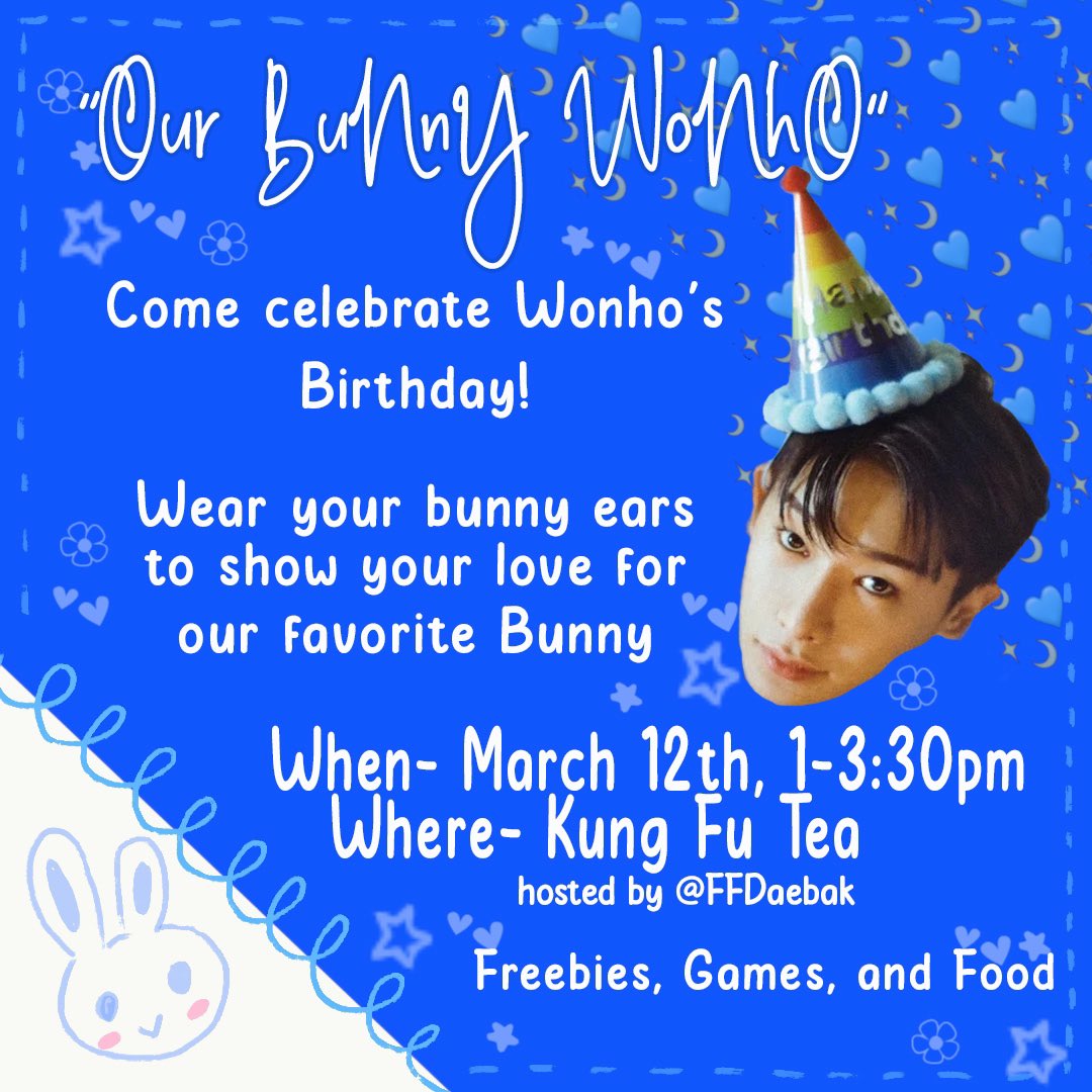 ffdaebak's tweet photo. We’re celebrating @official__wonho’s birthday next month! 🎉 

Come celebrate with us at Kung Fu tea at 61st and Yale @ 1pm, March 12th! 

You all know I love Wonho (and MX) so much and I’ve been planning this since like… December? Excited to celebrate our 🐰 
#wonho #cupsleeve https://t.co/uK8TtMML9v