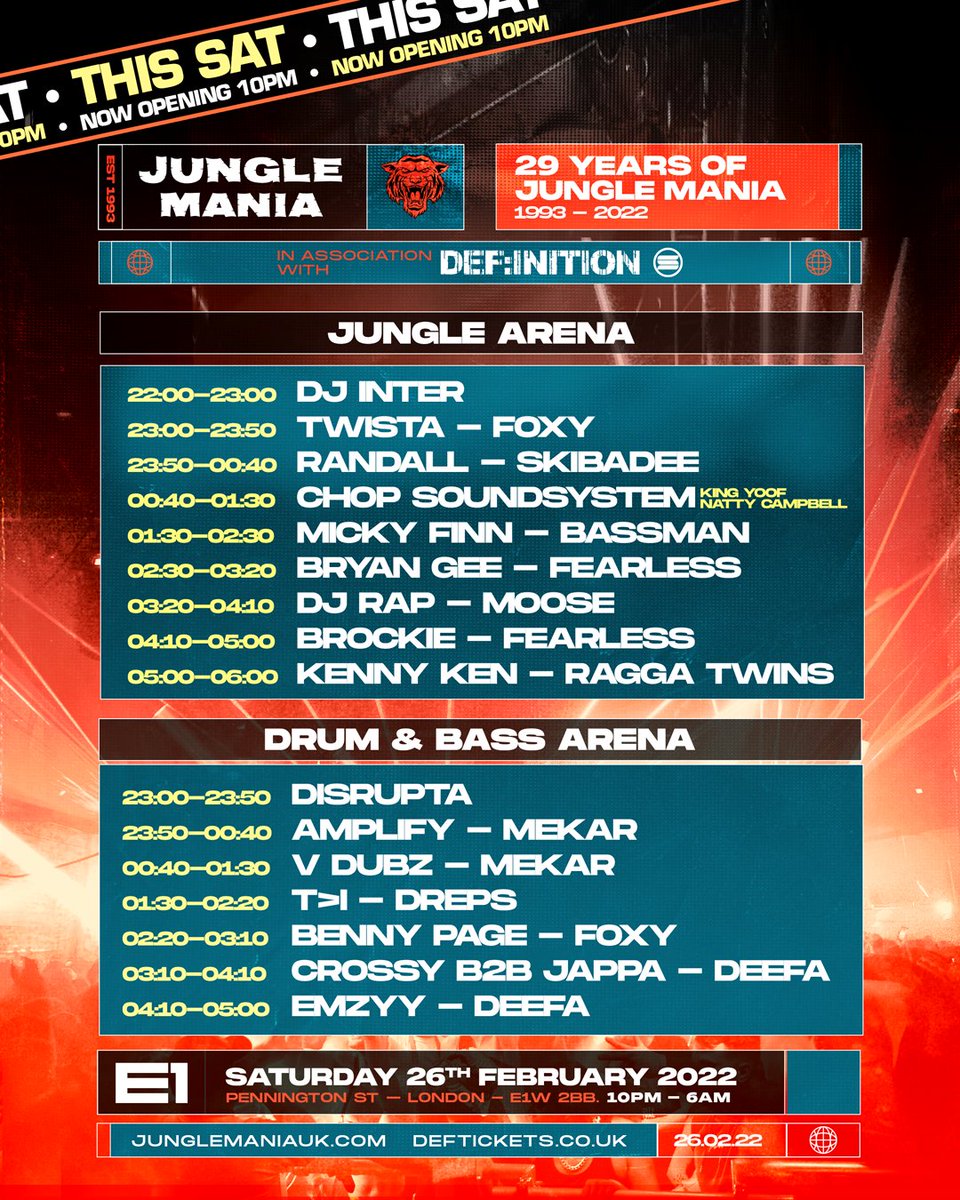 This Sat <a href="/E1LDN/">E1</a> 10pm-6am | 2 Arenas of Jungle + Drum &amp; Bass | London | #SetTimes Tix junglemaniauk.com <a href="/DefinitionDnB/">#Def:initionDnB</a> <a href="/djbrockie/">dj brockie</a> <a href="/KennyDJKen/">Kenny Ken</a> <a href="/djrap/">djrap</a> <a href="/raggatwinz/">Flinty Badman  RTC</a> @raggatwinzz <a href="/TheRaggaTwins/">Ragga Twins</a> <a href="/Fearlessdnb/">MC Fearless</a> <a href="/mcmoose600/">mcmoose600</a> <a href="/vforever/">bryan gee</a> <a href="/BASSMAN_SDC/">OFFICIAL MC BASSMAN 🖕🏾</a> <a href="/MICKYFINN1/">DJ Micky Finn</a> <a href="/Randallmac2/">Dj Randall</a> <a href="/TheRealSkibz/">Mc Skibadee</a>