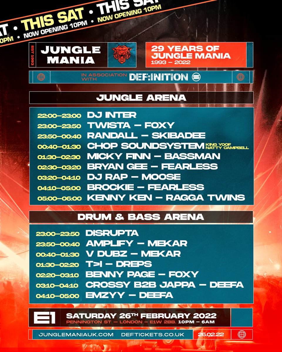 This Sat @E1LDN 10pm-6am | 2 Arenas of Jungle + Drum & Bass | London | #SetTimes Tix junglemaniauk.com @DefinitionDnB @djbrockie @KennyDJKen @djrap @raggatwinz @raggatwinzz @TheRaggaTwins @Fearlessdnb @mcmoose600 @vforever @BASSMAN_SDC @MICKYFINN1 @Randallmac2 @TheRealSkibz