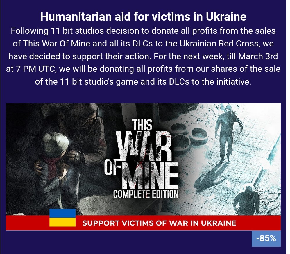 ArmandoFLugo's tweet photo. Hey amigos si de alguna forma quieren apoyar al pueblo Ucraniano, aunque sea con un granito de arena, 11 bit studios puso en rebaja "This War of Mine" y donará el 100% de leño recaudado a la cruz roja ucraniana. Pueden comprarlo en GOG o Steam por ejemplo. https://t.co/x5IAjYVjgc