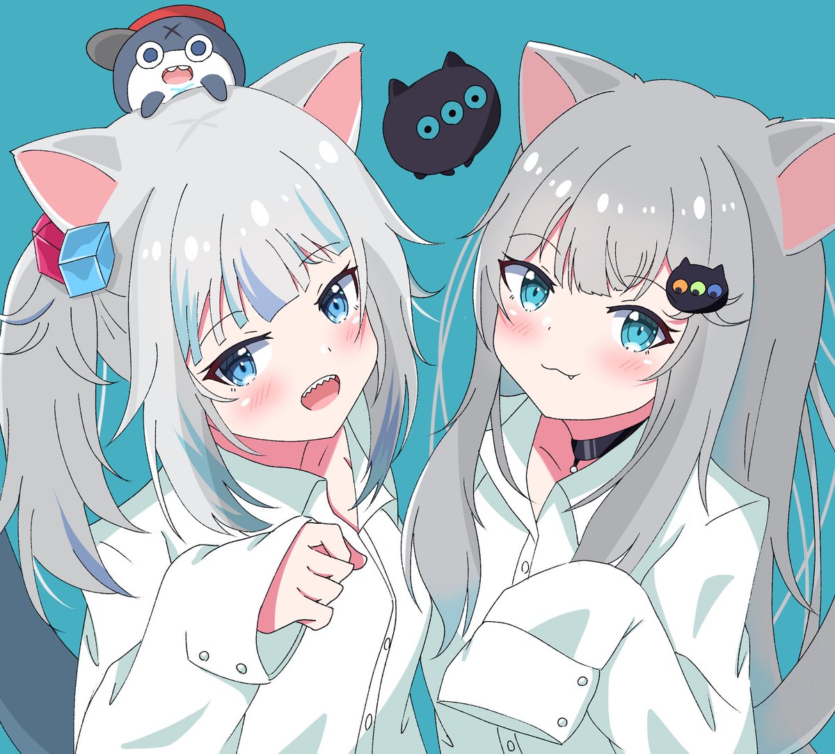 gawr gura multiple girls 2girls animal ears cat ears tail grey hair blue eyes  illustration images