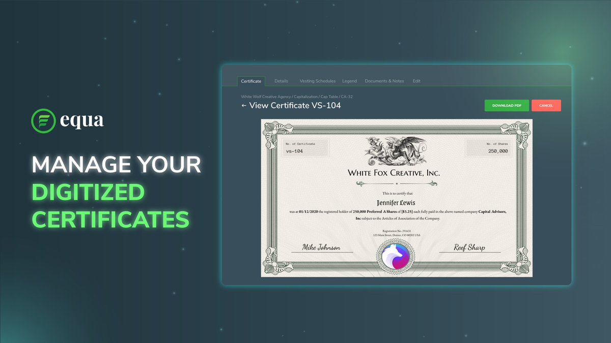 Equa Can Help Manage Your Digitized Certificates  – Who else wants to manage their share certificates digitally? Sign up now to get started. equa.global/cap-table-mana…