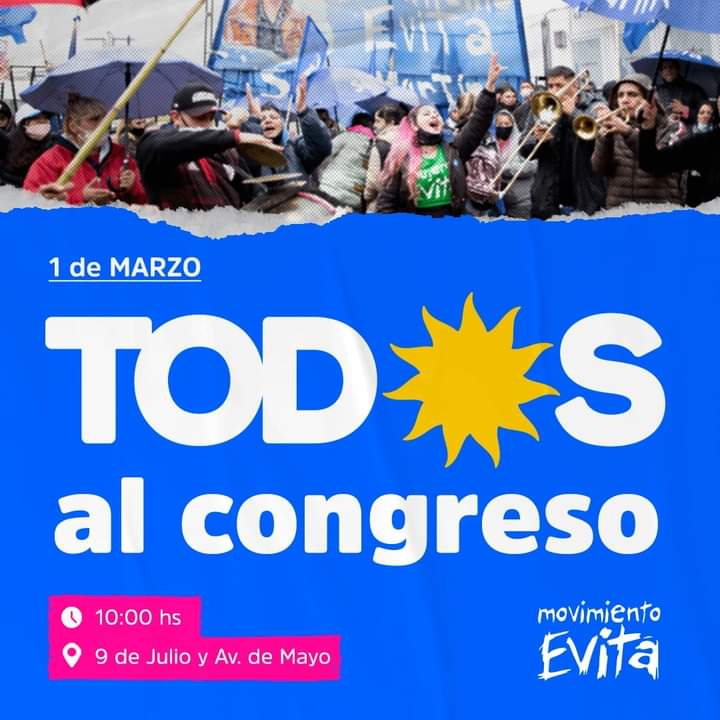 movevitama's tweet photo. Los movimientos populares vamos al Congreso a acompañar al compañero presidente @alferdez en la apertura de sesiones ordinarias. 

📆 Martes 1/3
🕐 10:00 hs
📍 9 de Julio y Av. de Mayo https://t.co/Lz8uFjK4yd