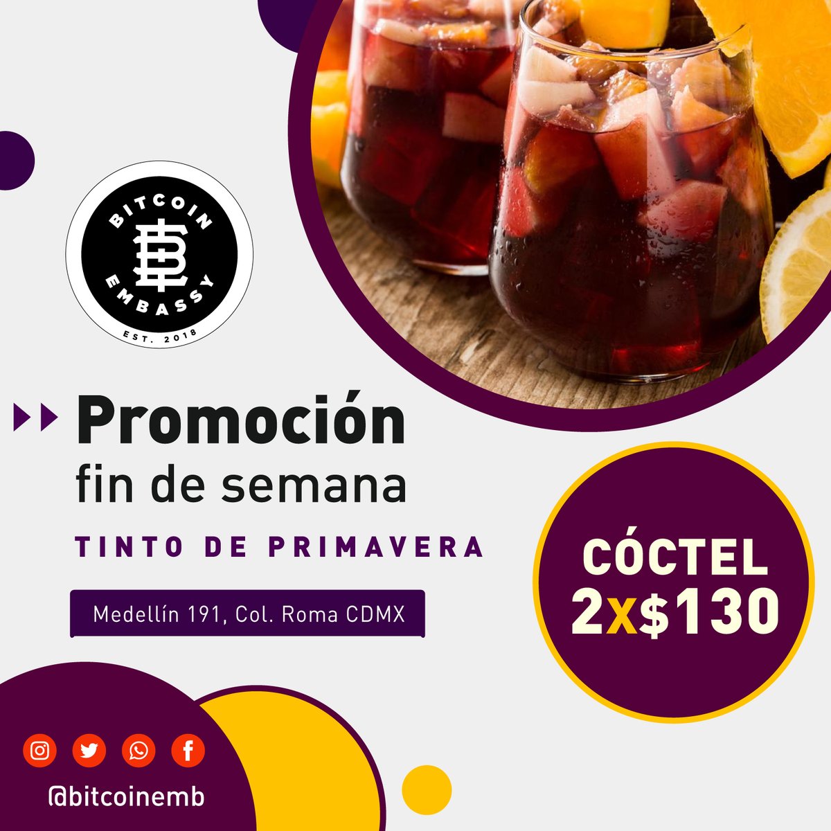 bitcoinemb's tweet photo. Una primavera con tintes de verano. Ven y disfruta de un refrescante tinto de primavera al @bitcoinemb .
#finde #promocion #coctails #bar #BitcoinEmbassy https://t.co/lHKjjWIUej
