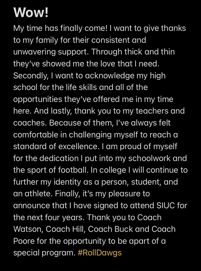 mileswmarshall's tweet photo. I’m more than excited to be spending my next four years at The University of Southern Illinois Carbondale! Thank you to everyone who contributed to my journey! This is just the beginning for me! #DawgCheck #RollDawgs https://t.co/mmjcOIh8lz