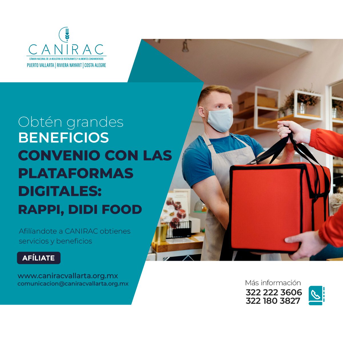 CANIRACVALLARTA's tweet photo. Afiliándote a CANIRAC Puerto Vallarta obtienes beneficios como: Convenio con las plataformas digitales: Rappi y DiDi Food 
Contáctanos: 322 180 3827 o 322 222 3606
Contáctanos por correo electrónico: 
comunicacion@caniracvallarta.org.mx
#RestaurantesPuertoVallarta #PuertoVallarta https://t.co/3I9yplMrbC