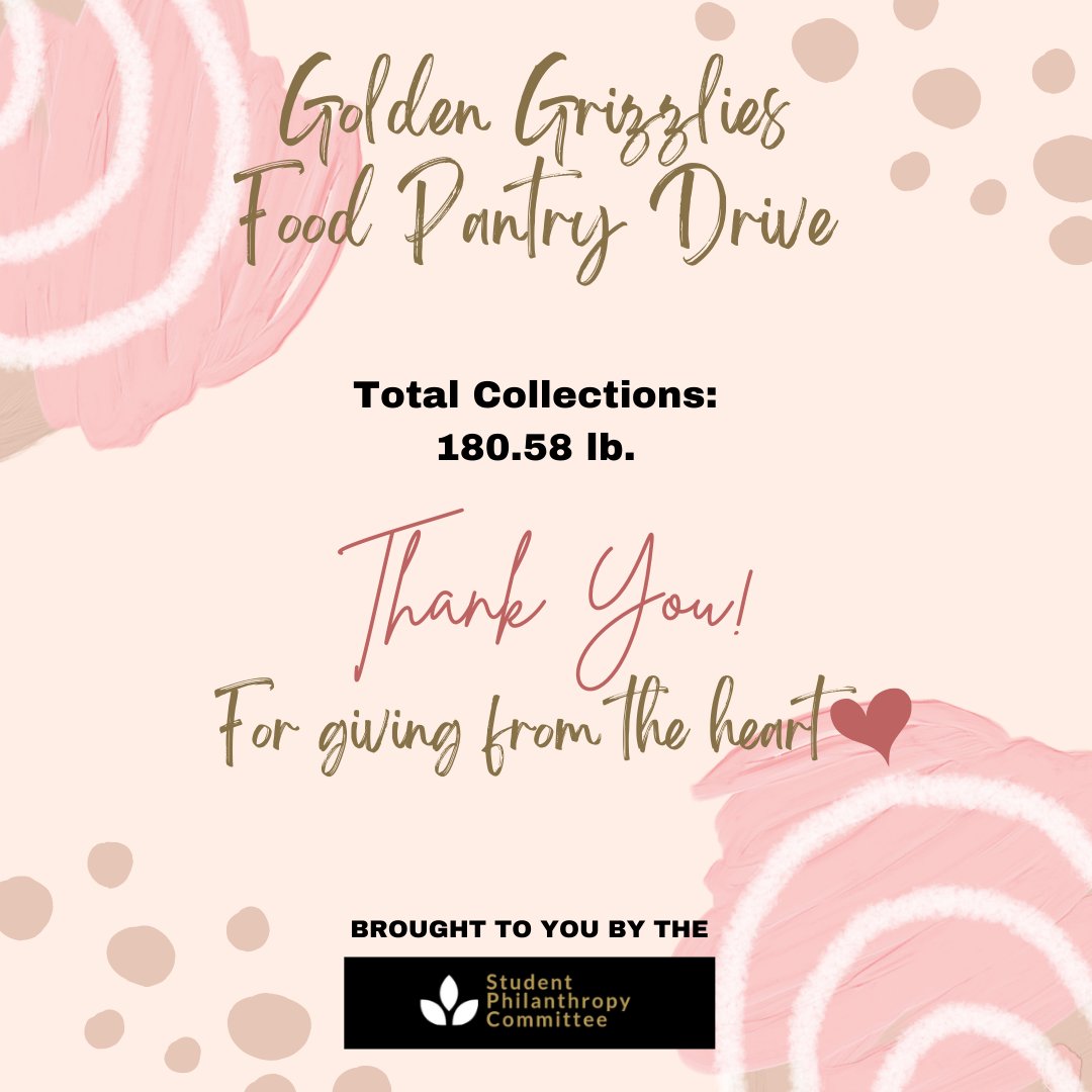 OU_SPC's tweet photo. Golden Grizzlies Food Pantry Fundraiser just ended today. 
Student Philanthropy Committee has collected 180.58 lb donations for the food pantry! 
Thank you so much for your generous donations for this good cause and for making our fundraiser a success!
Enjoy the Winter Recess! https://t.co/DHcV5cNMrD