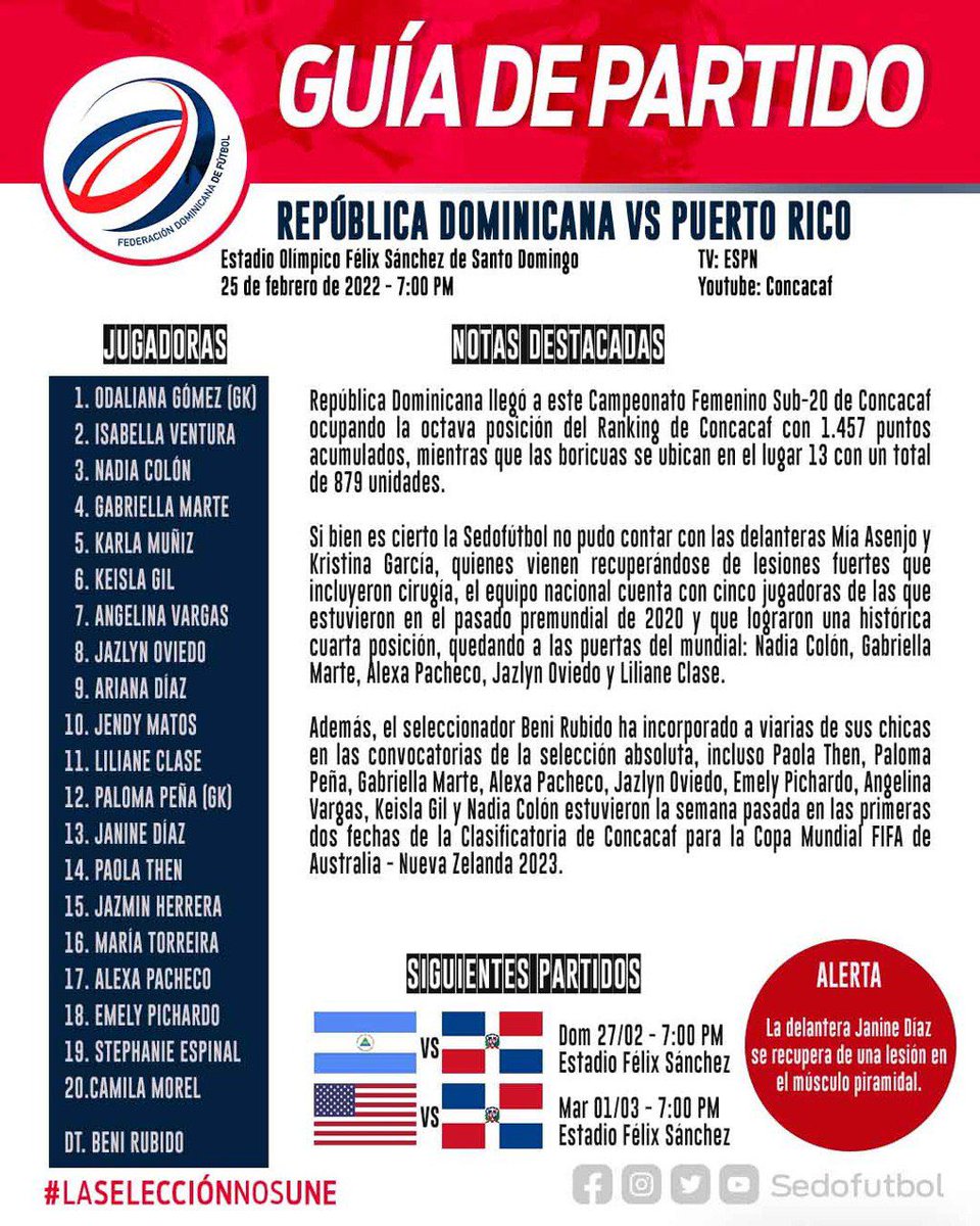 #Femenino| ¡Guía del partido! 💥⚽️🇩🇴✍🏼

#LaSeleccioneNosUne #VamosRD