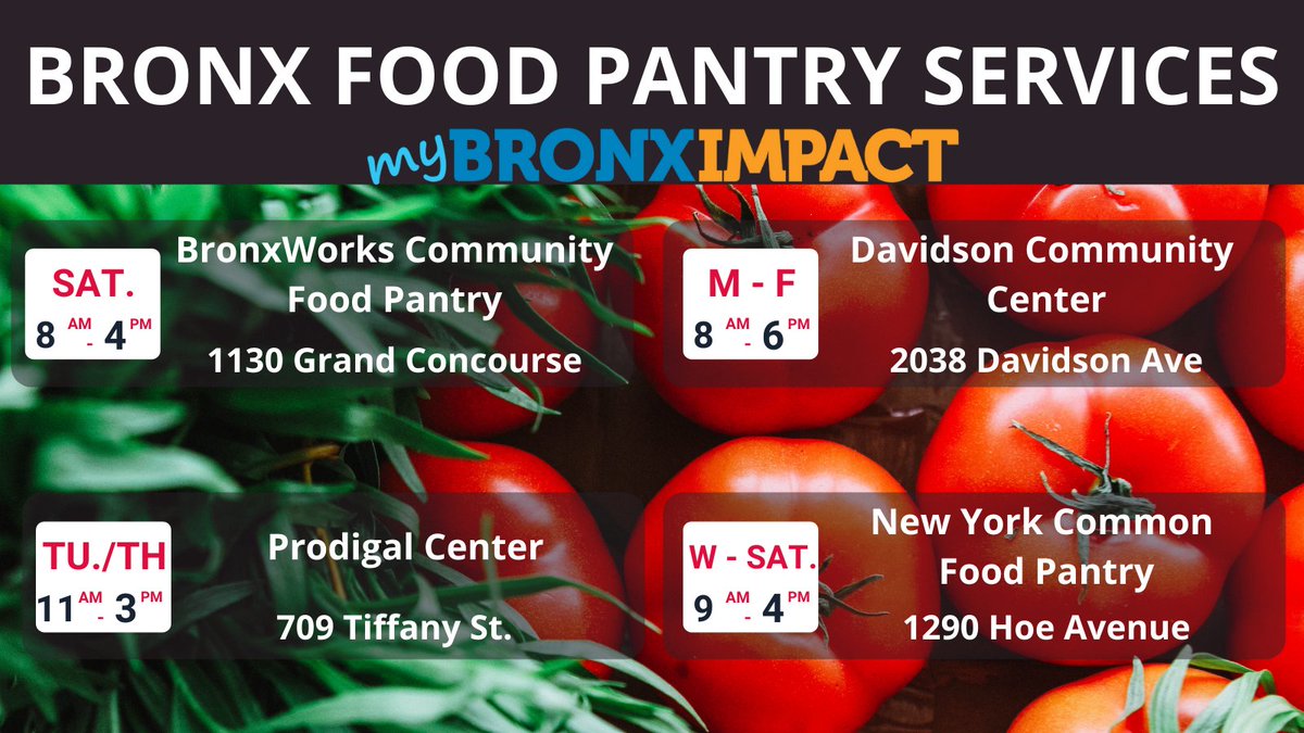 mybronximpact's tweet photo. The Bronx has hundreds of food pantries. Here's a few in your local community to make your search easier! https://t.co/PCifMJguR3
